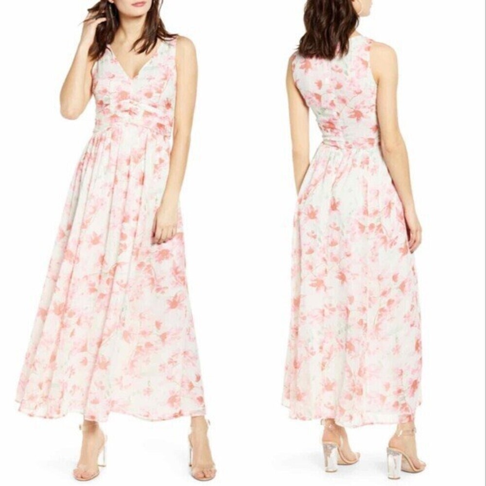 Leith Ruched Waist Chiffon Maxi Dress White Lush Watercolor Size XS